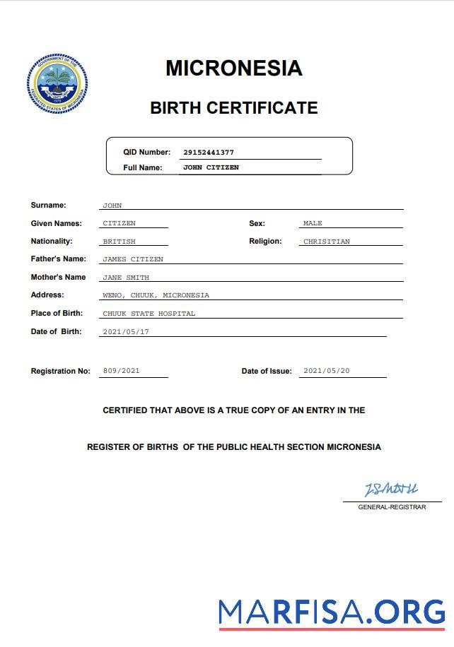 Printable Micronesia vital record birth certificate Word and PDF template